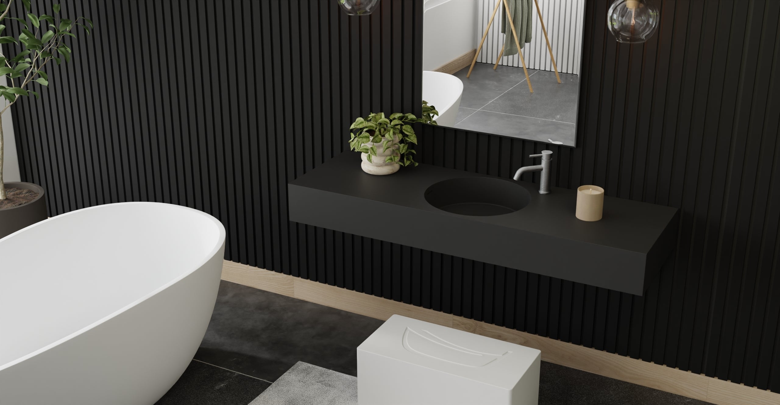 Badeloft WT-02-C matte black wall-mounted sink, bathroom top-view lifestyle