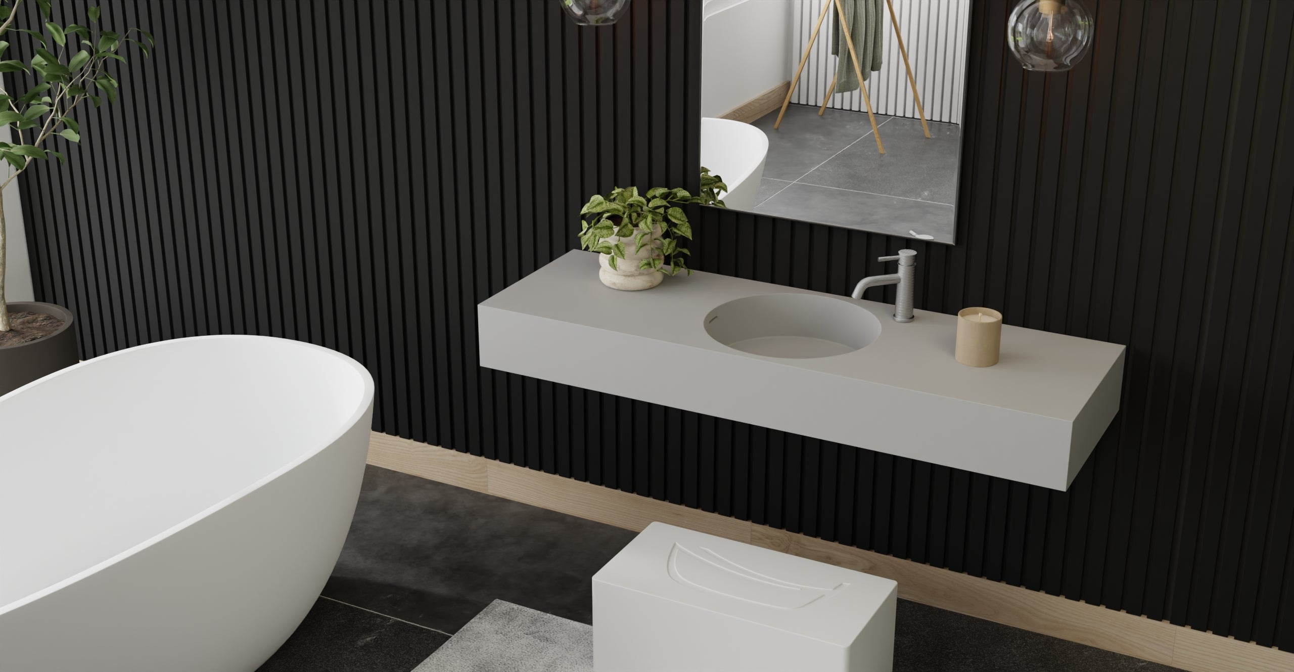 Badeloft WT-02-C matte gray wall-mounted sink, bathroom top-view lifestyle