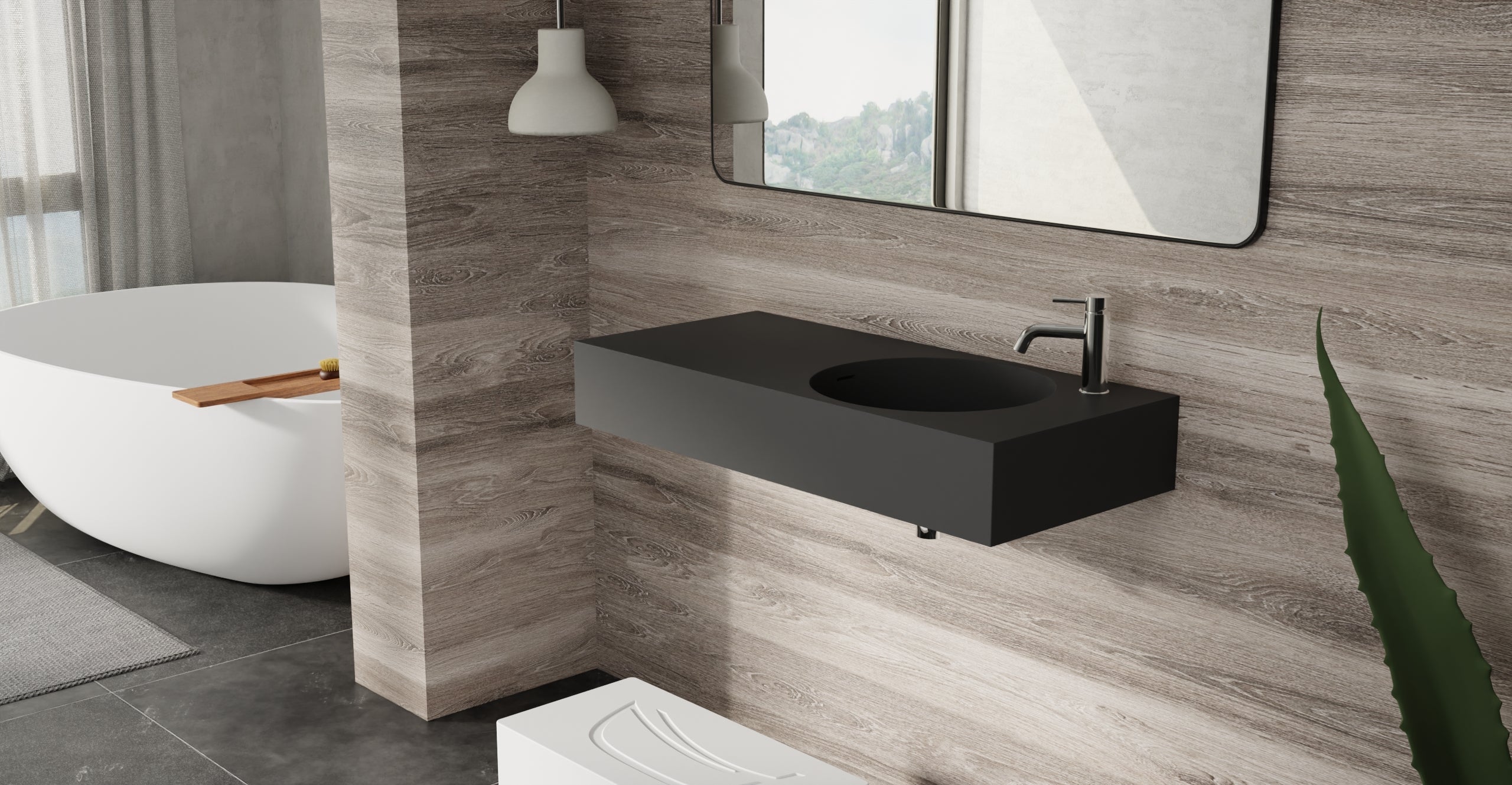 Badeloft WT-02-B matte black wall-mounted sink, bathroom top-view lifestyle