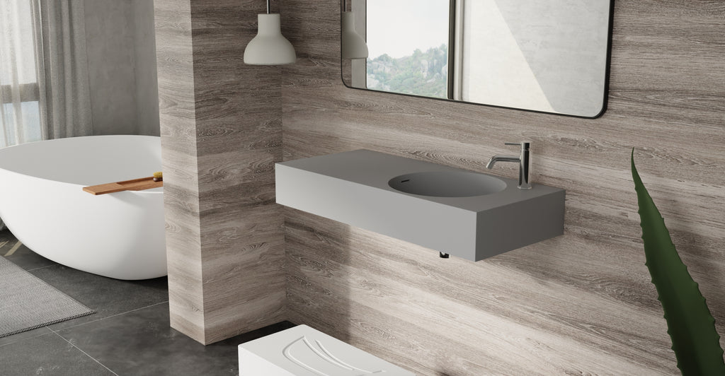 Badeloft WT-02-B matte gray wall-mounted sink, bathroom top-view lifestyle