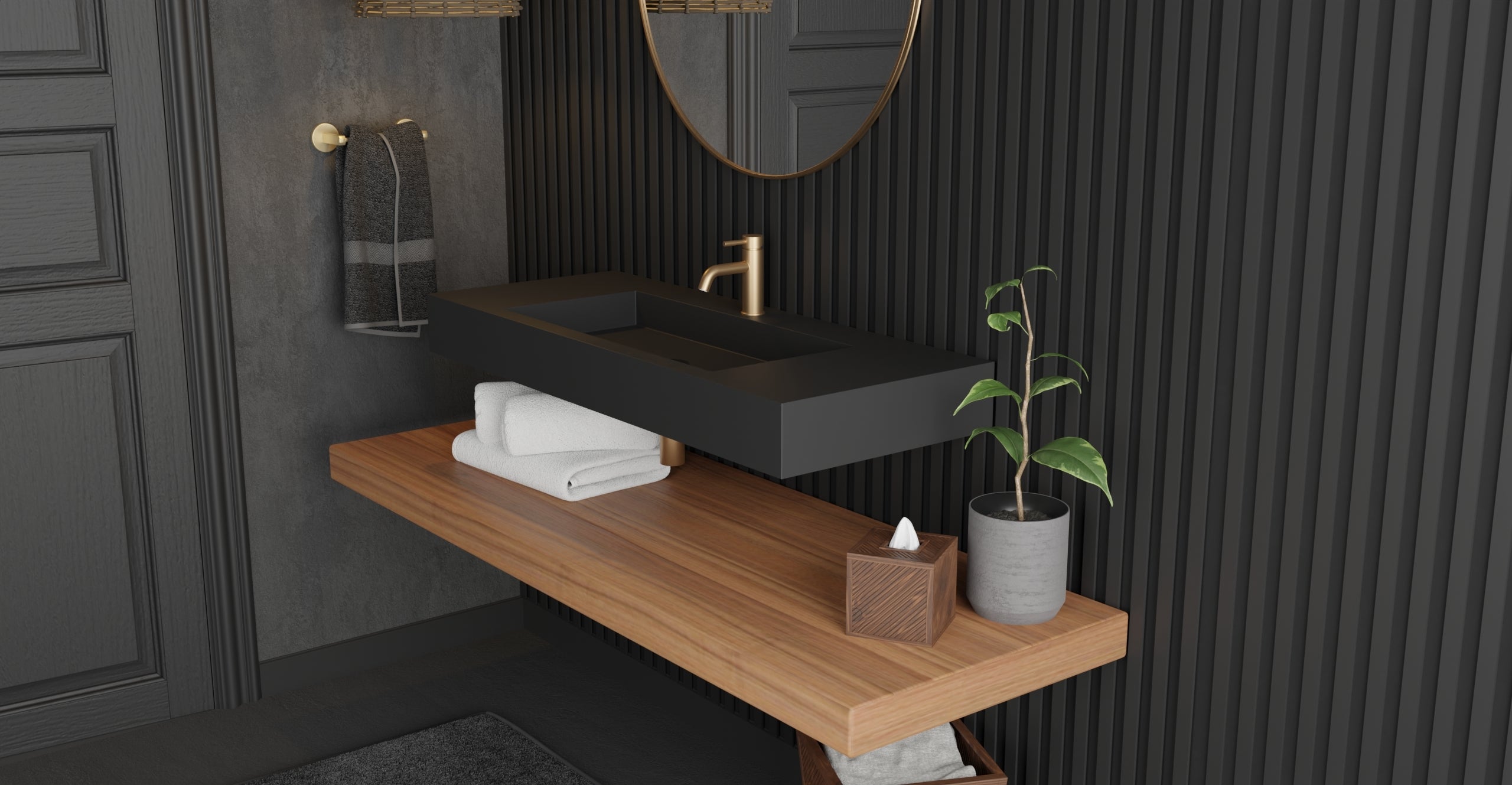 Badeloft WT-03 matte black wall-mounted sink, bathroom top-view lifestyle