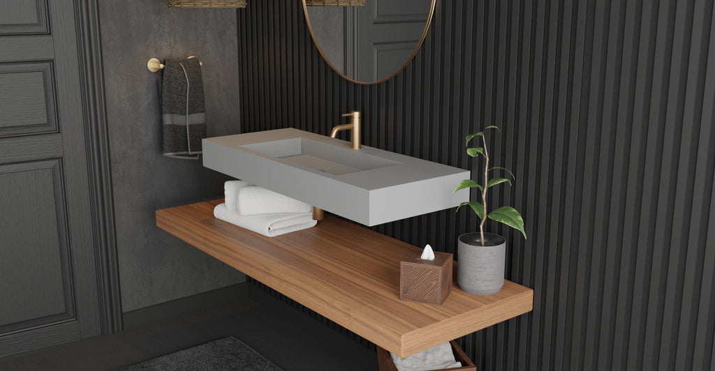 Badeloft WT-03 matte gray wall-mounted sink, bathroom top-view lifestyle