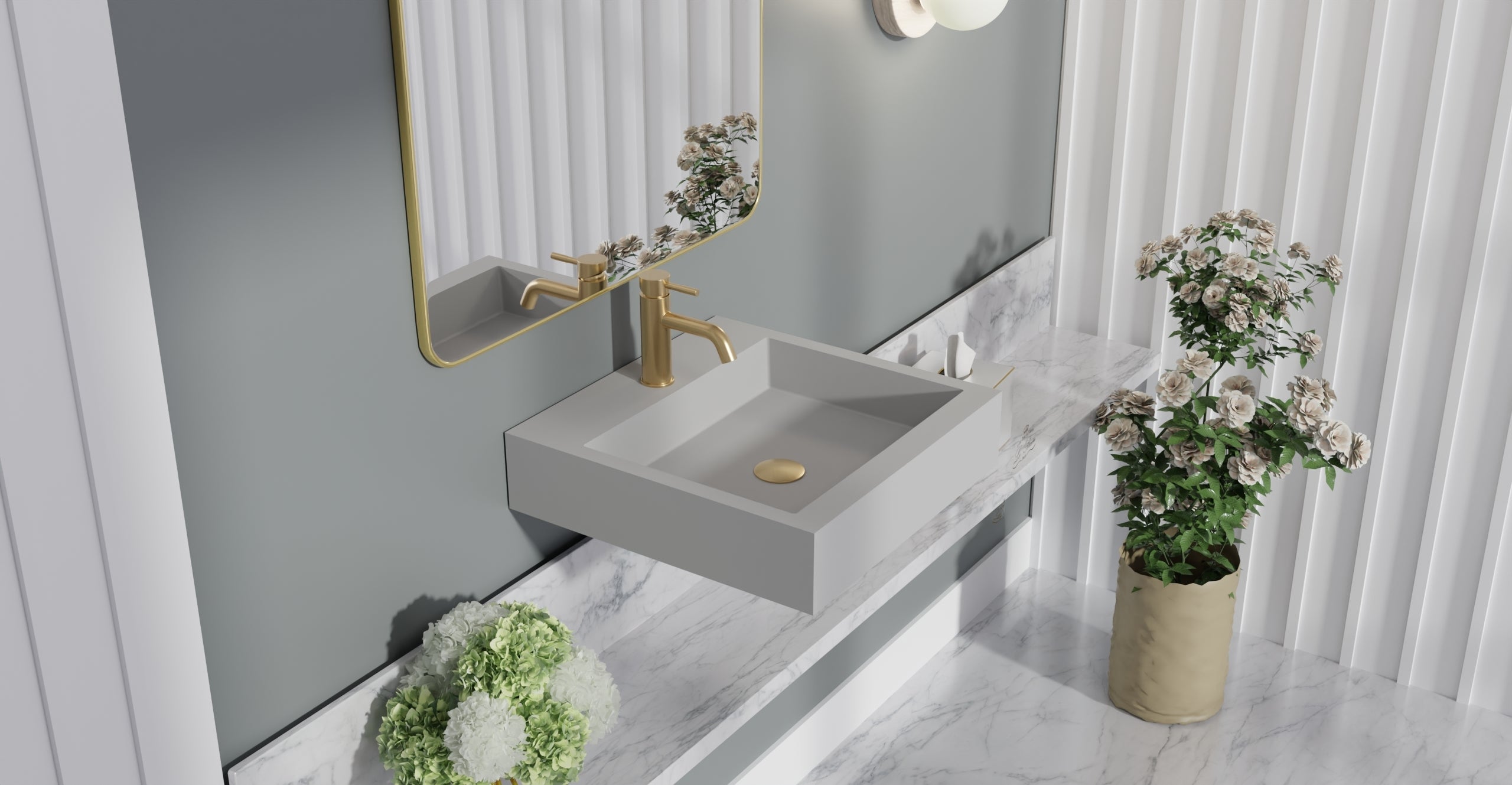 Badeloft WT-06-S matte gray wall-mounted sink, bathroom top-view lifestyle