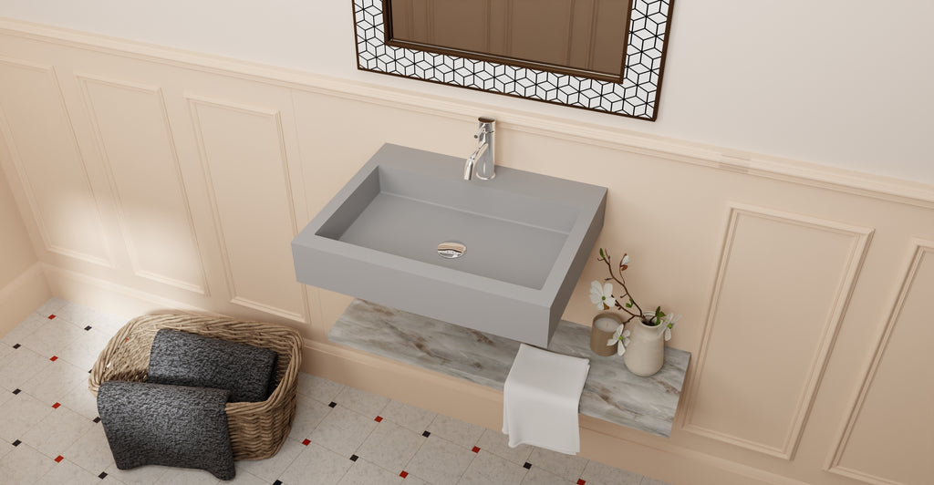 Badeloft WT-06-M matte gray wall-mounted sink, bathroom top-view lifestyle