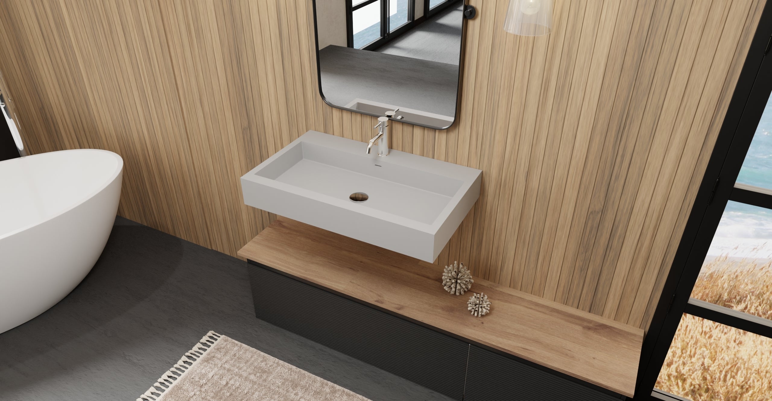 Badeloft WT-06-L matte gray wall-mounted sink, bathroom top-view lifestyle