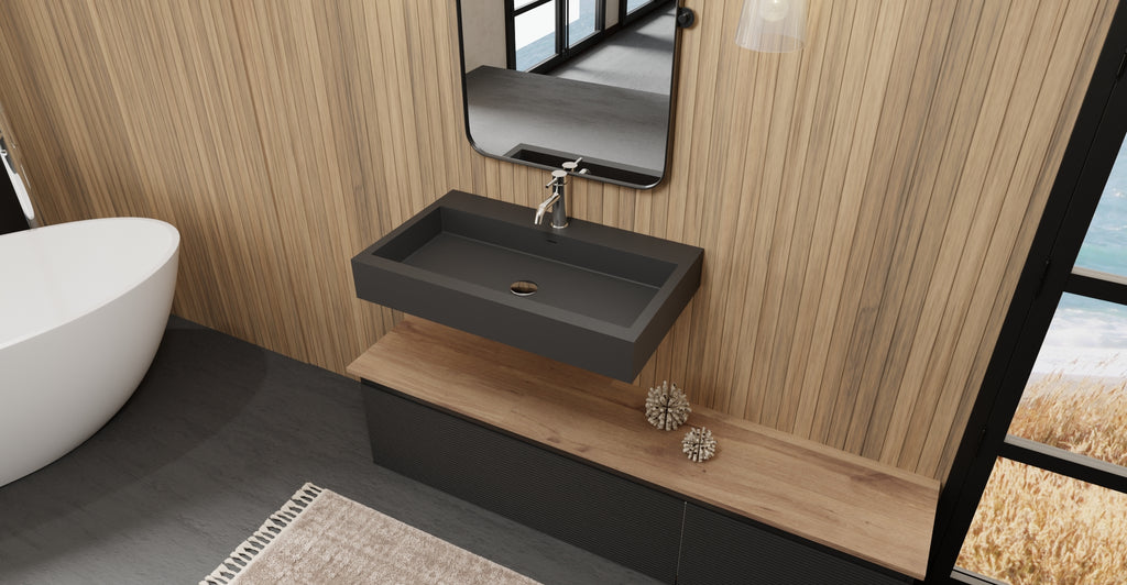 Badeloft WT-06-L matte black wall-mounted sink, bathroom top-view lifestyle
