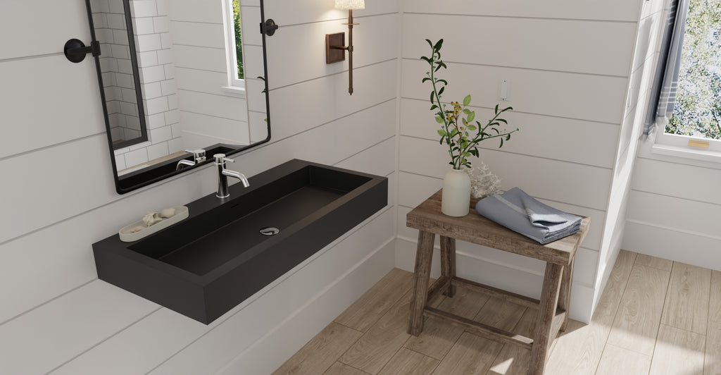 Badeloft WT-06-XL matte black wall-mounted sink, bathroom top-view lifestyle