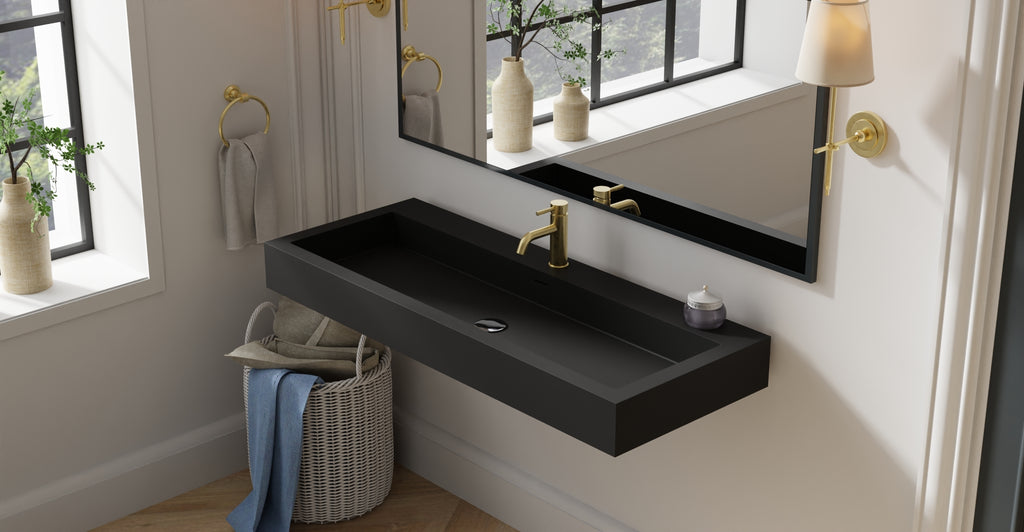 Badeloft WT-06-XXL matte black wall-mounted sink, bathroom top-view lifestyle