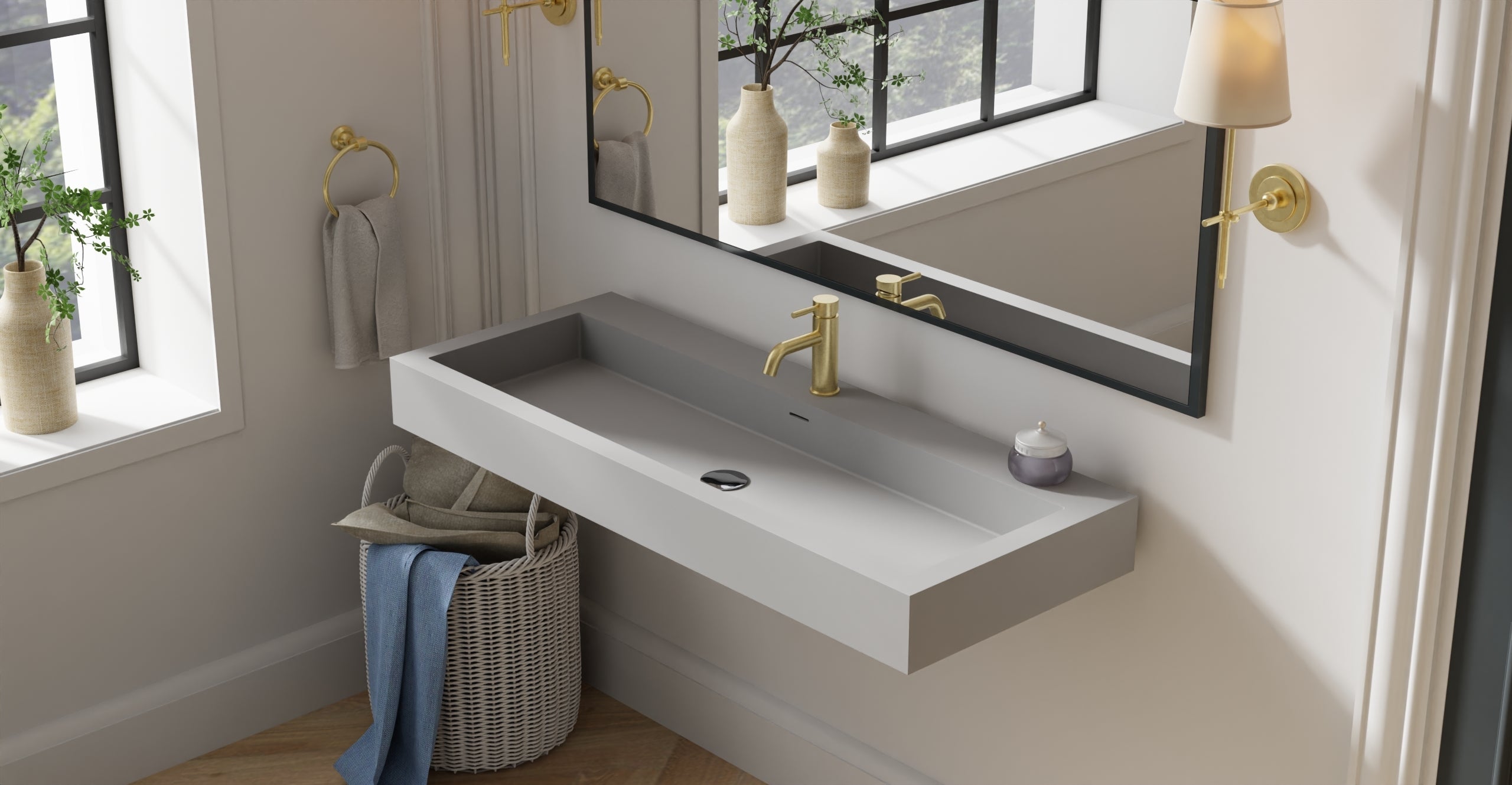 Badeloft WT-06-XXL matte gray wall-mounted sink, bathroom top-view lifestyle