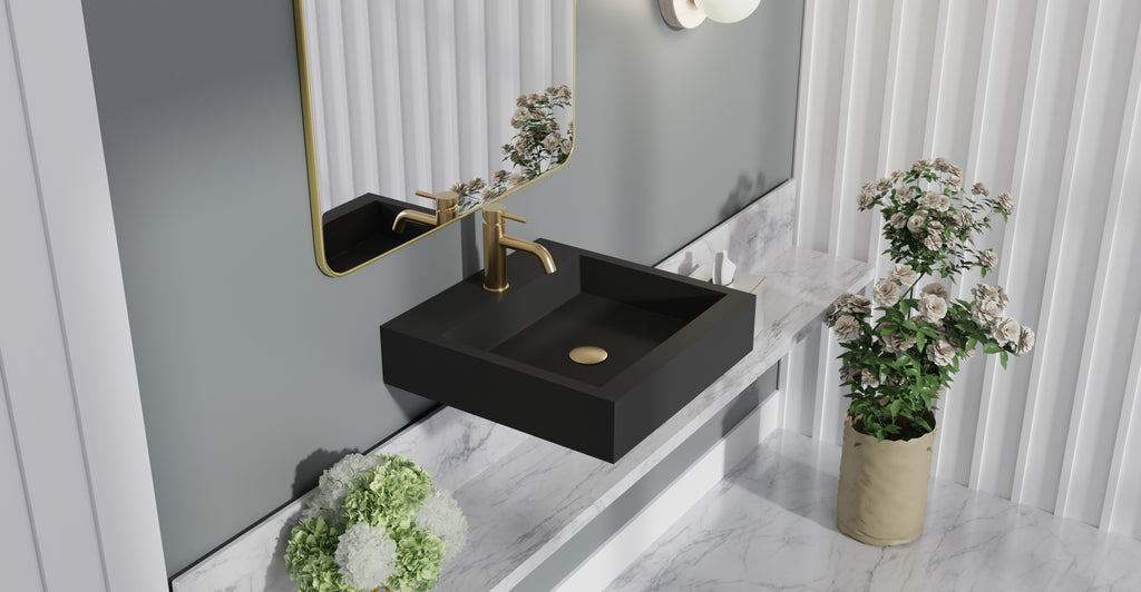Badeloft WT-06-S matte black wall-mounted sink, side product view on white background
