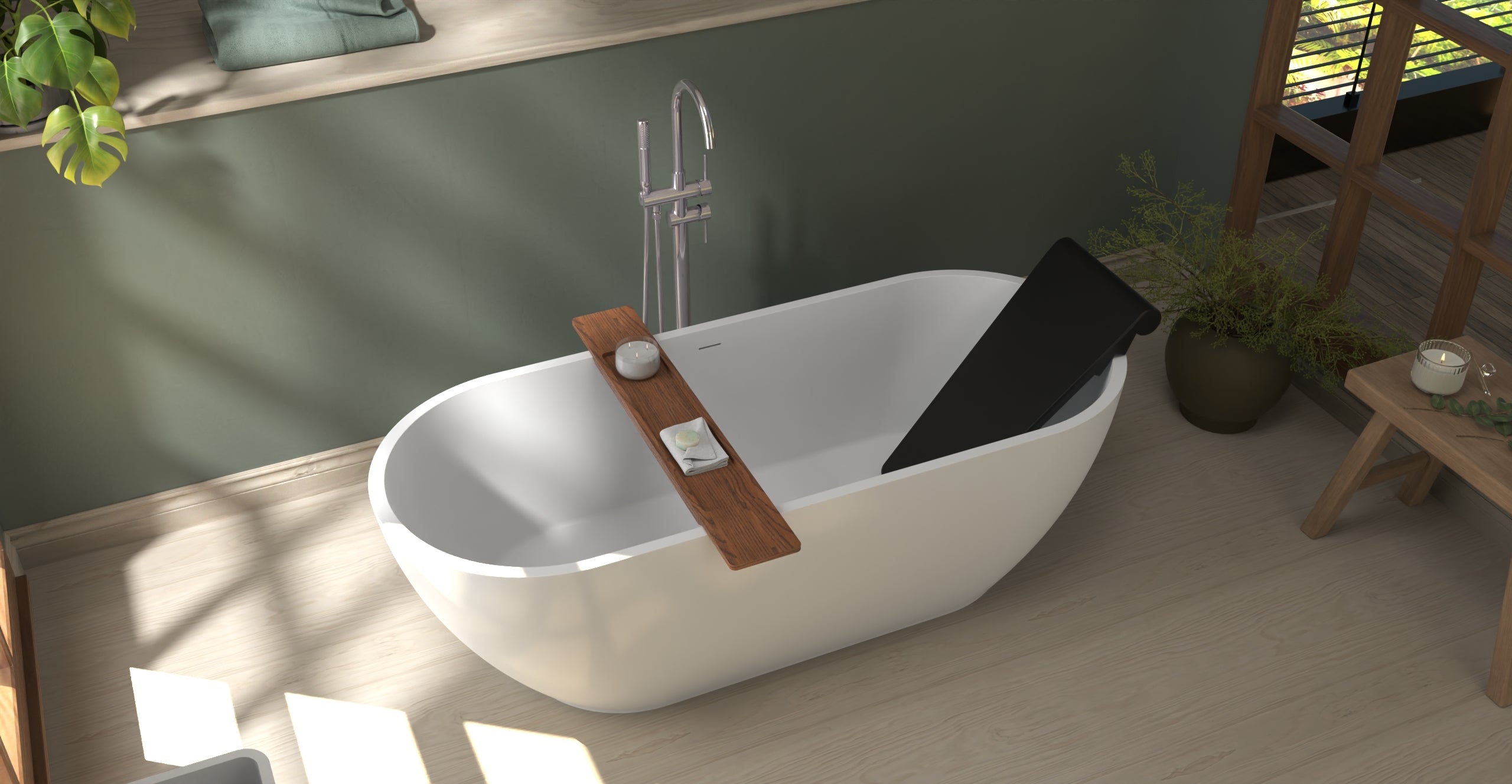 Badeloft BR-01 matte black bathtub backrest installed in a white freestanding tub, angled green bathroom view