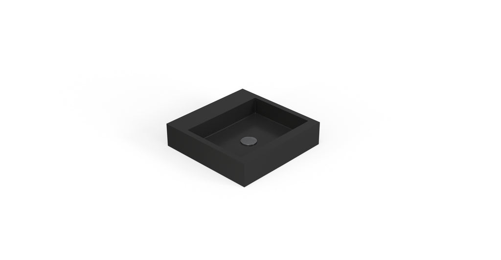 Badeloft WT-06-S glossy black wall-mounted sink, angled product view on white background