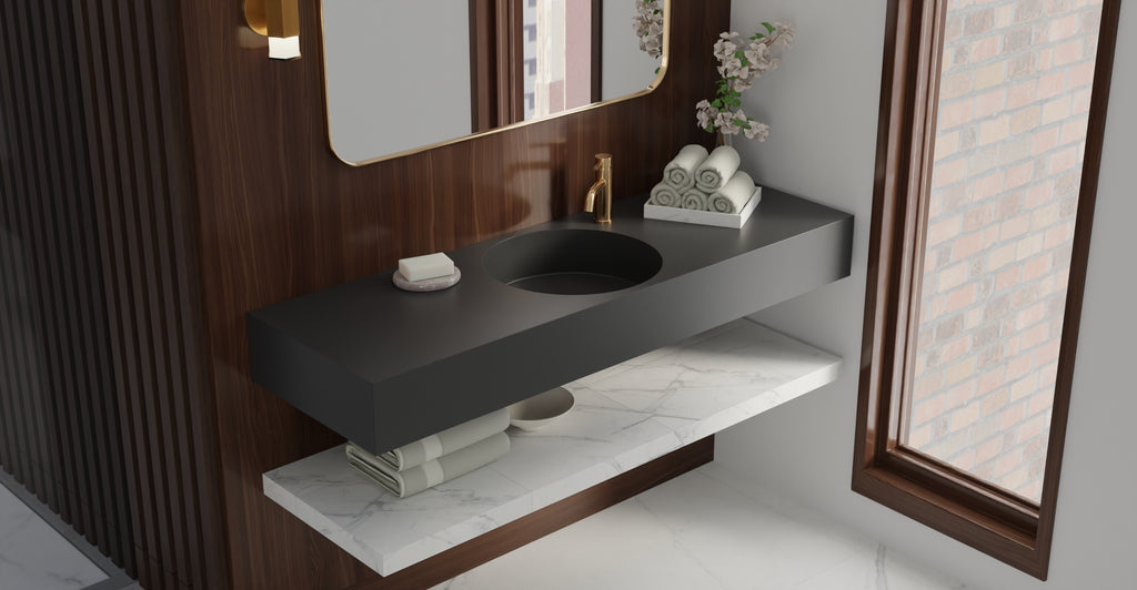 Badeloft WT-02-C glossy black wall-mounted sink, wall-mounted bathroom view 1