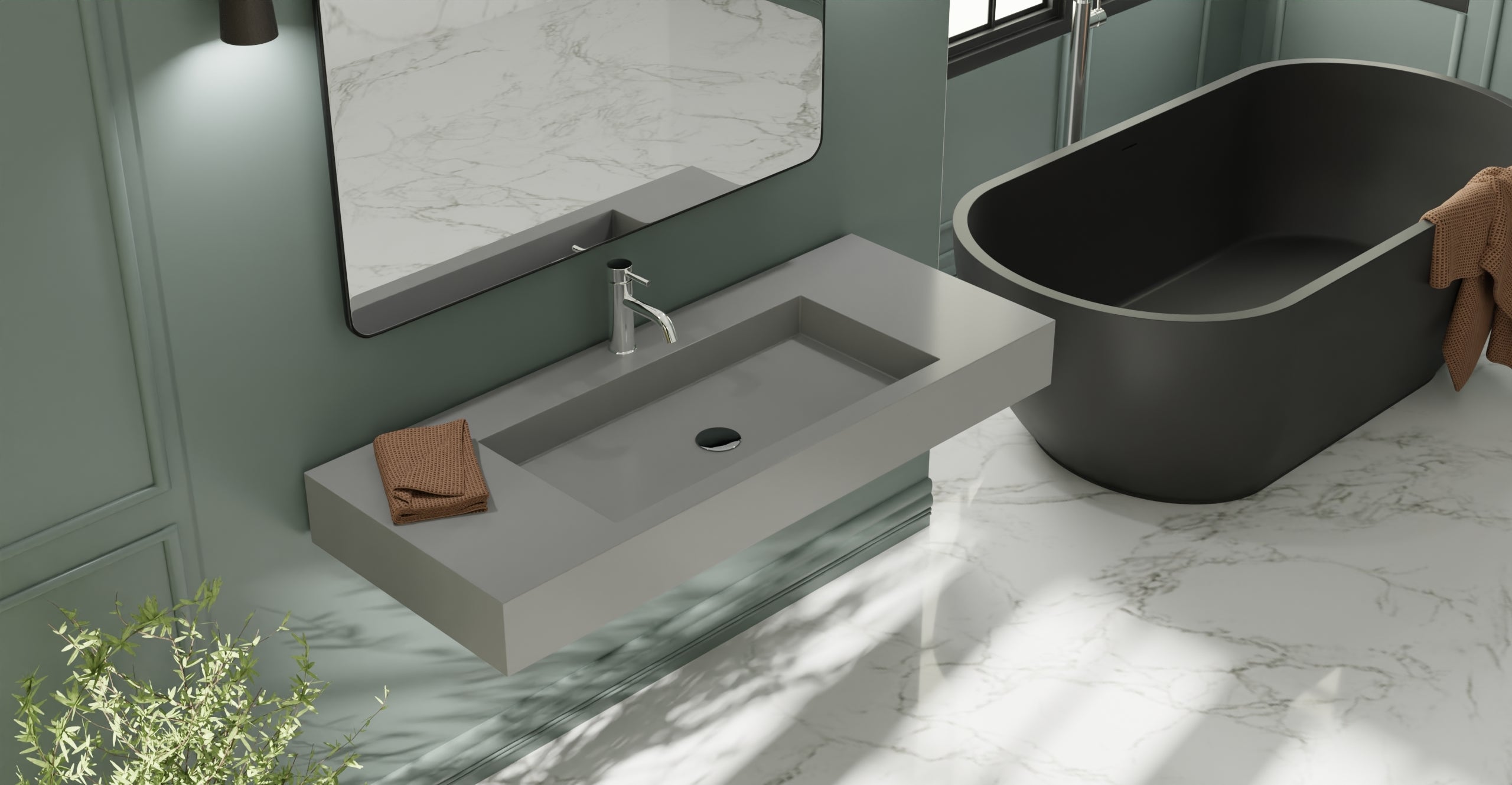 Badeloft WT-03 glossy gray wall-mounted sink, wall-mounted bathroom view 1