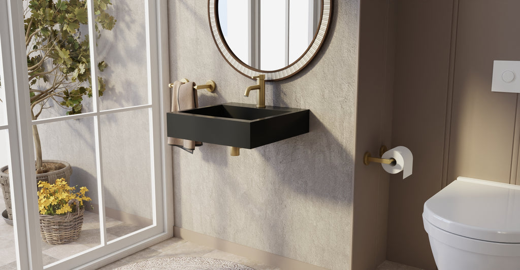 Badeloft WT-06-S glossy black wall-mounted sink, wall-mounted bathroom view 2