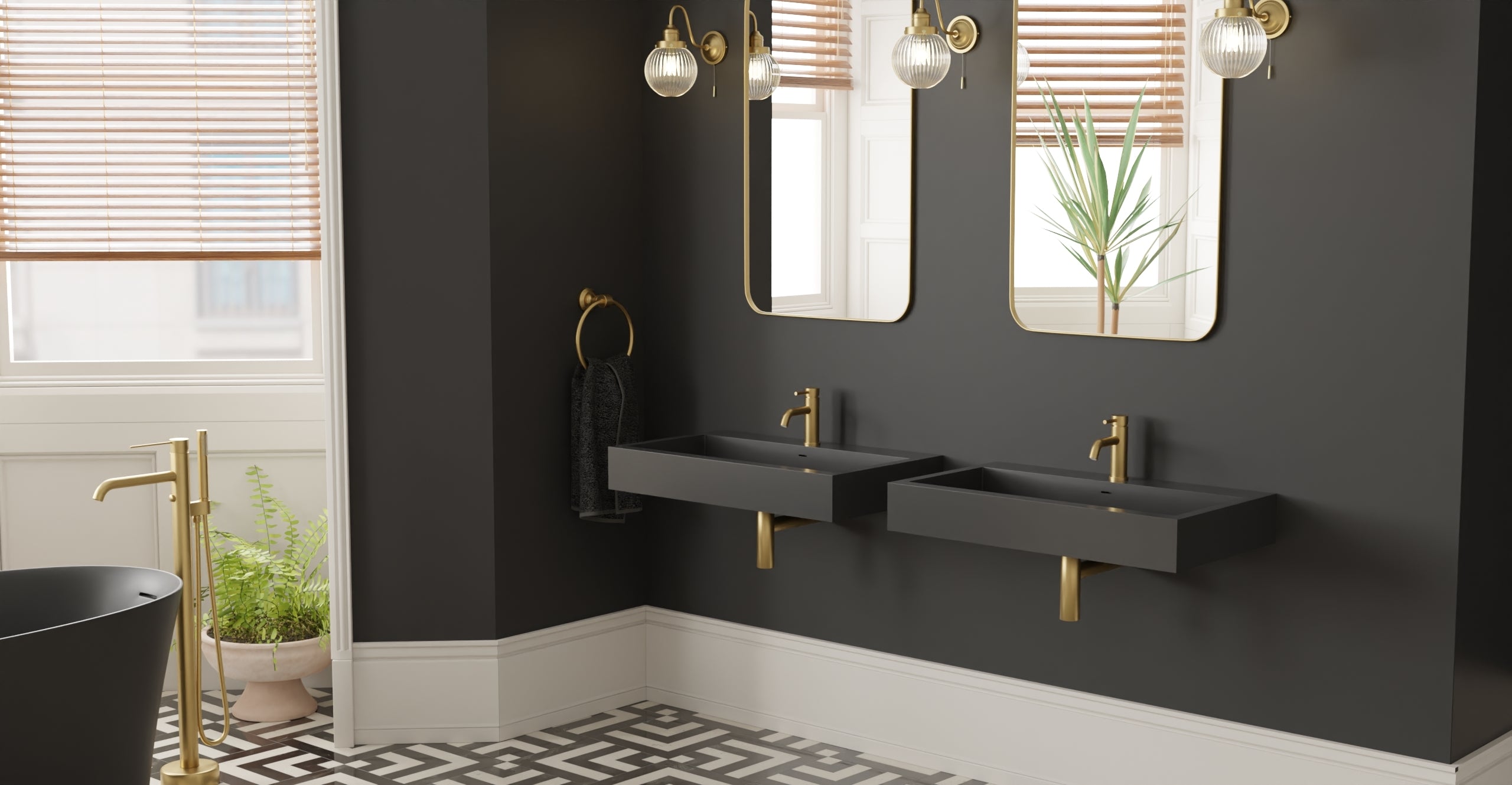 Badeloft WT-06-L glossy black wall-mounted sink, wall-mounted bathroom view 2