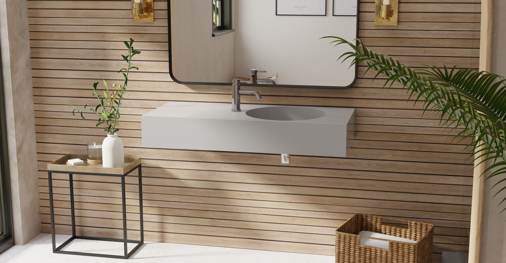 Badeloft WT-02-B glossy gray wall-mounted sink, bathroom lifestyle view 3