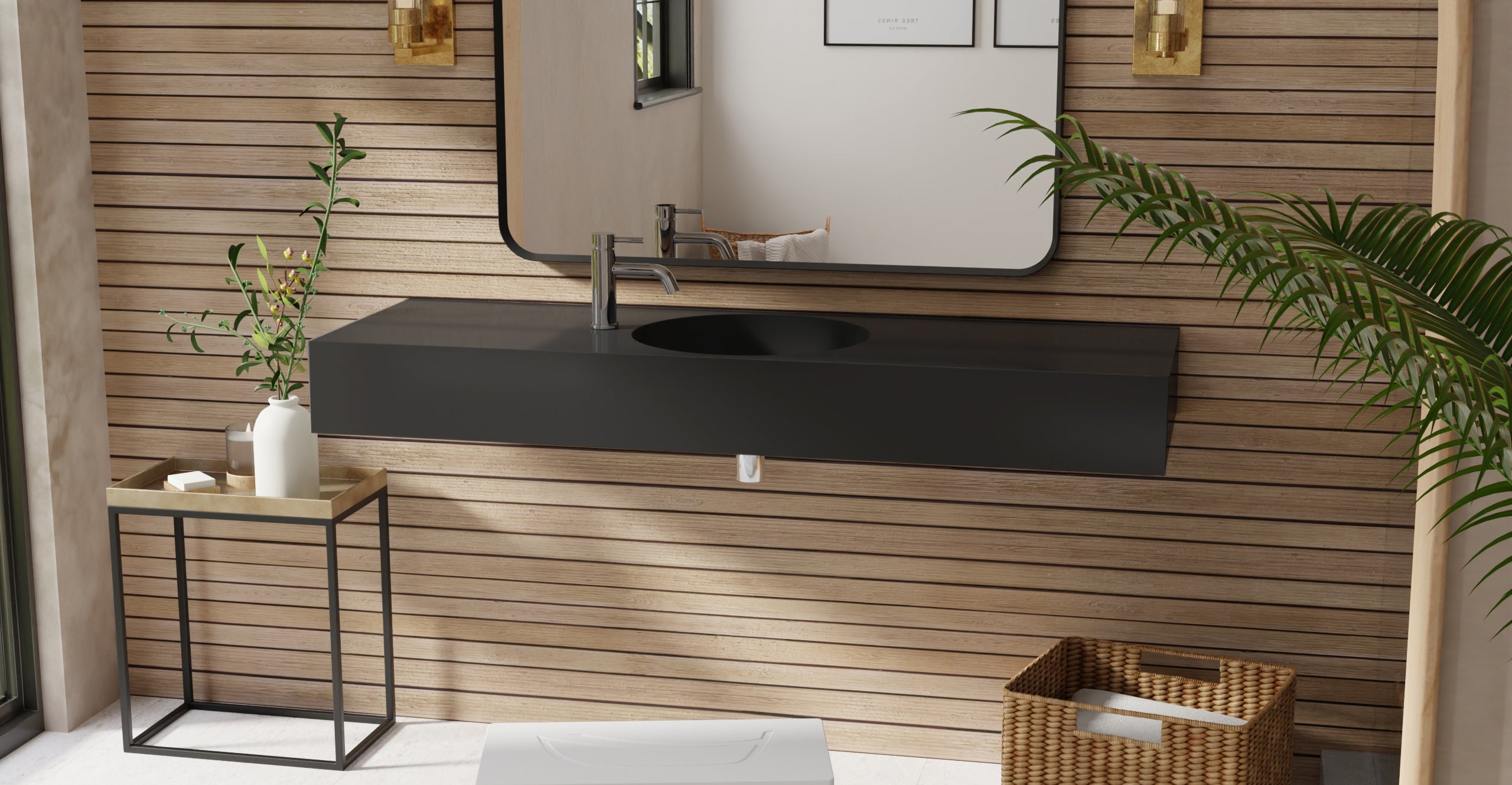 Badeloft WT-02-C glossy black wall-mounted sink, bathroom lifestyle view 3