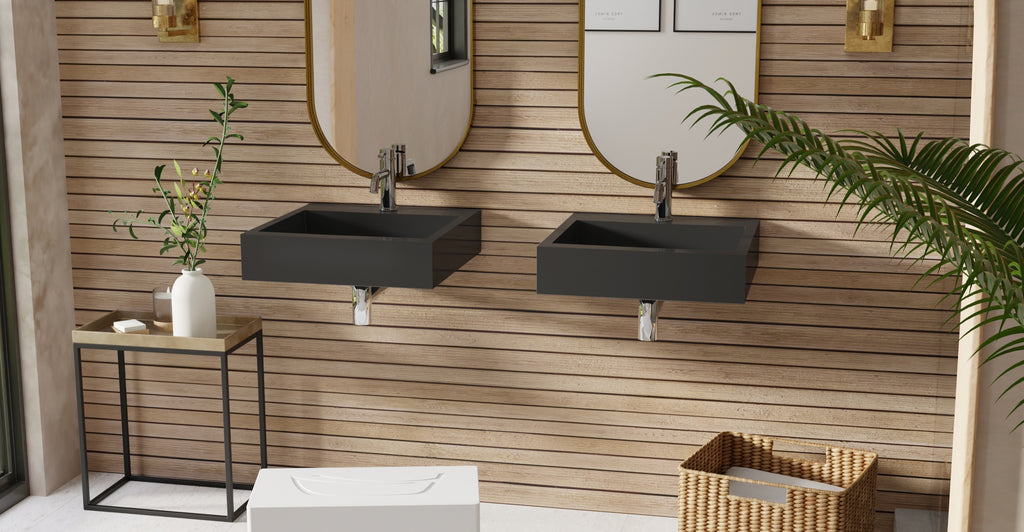 Badeloft WT-06-S glossy black wall-mounted sink, bathroom lifestyle view 3