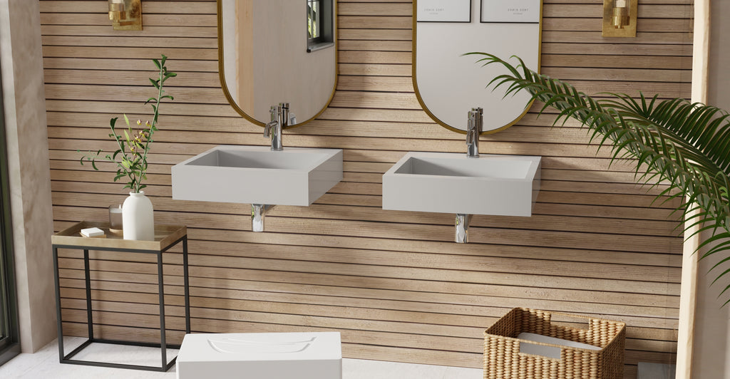 Badeloft WT-06-S glossy gray wall-mounted sink, bathroom lifestyle view 3