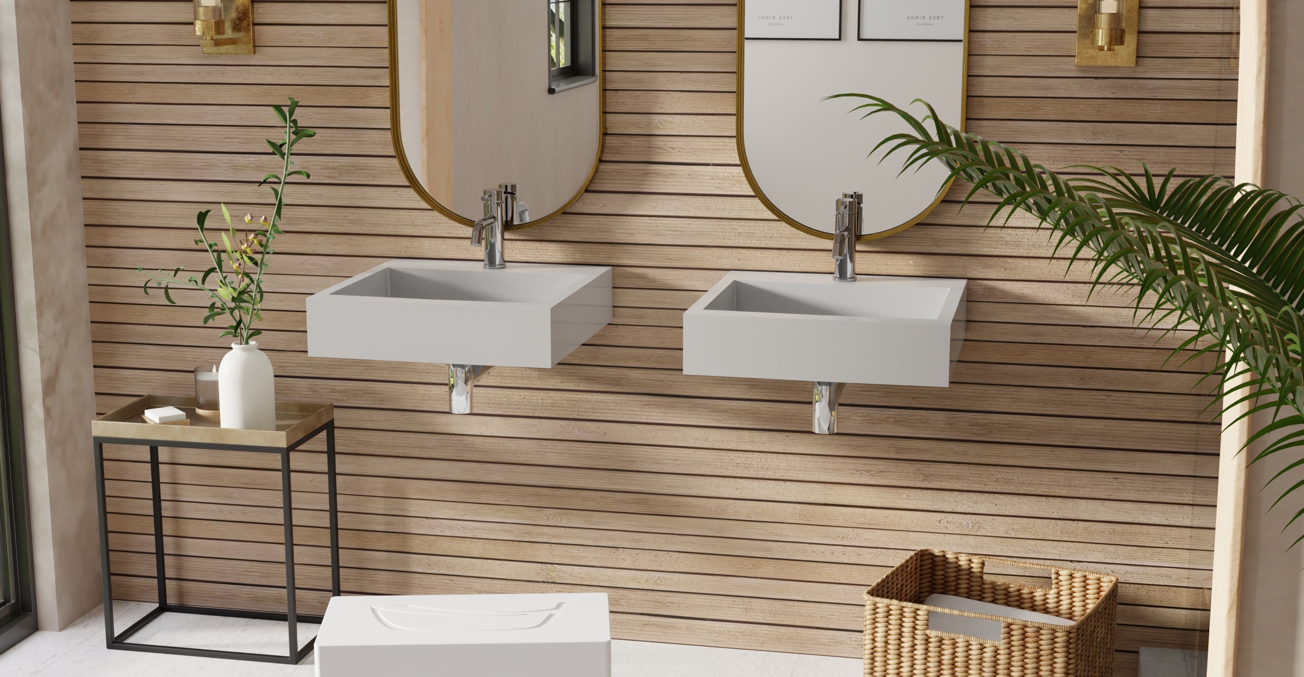 Badeloft WT-06-S glossy gray wall-mounted sink, bathroom lifestyle view 3