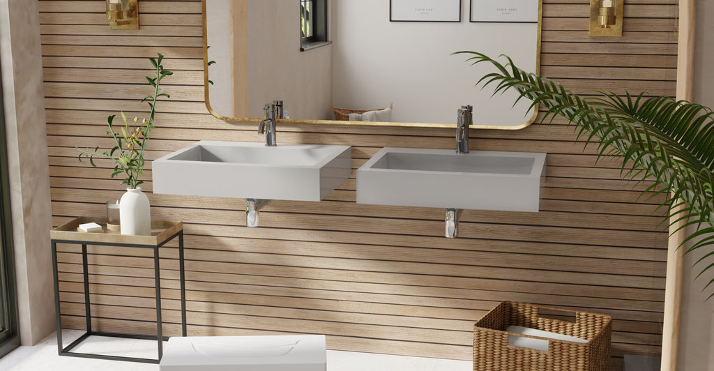 Badeloft WT-06-M glossy gray wall-mounted sink, bathroom lifestyle view 3
