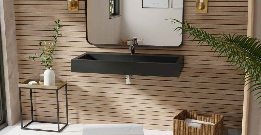 Badeloft WT-06-XL glossy black wall-mounted sink, bathroom lifestyle view 3