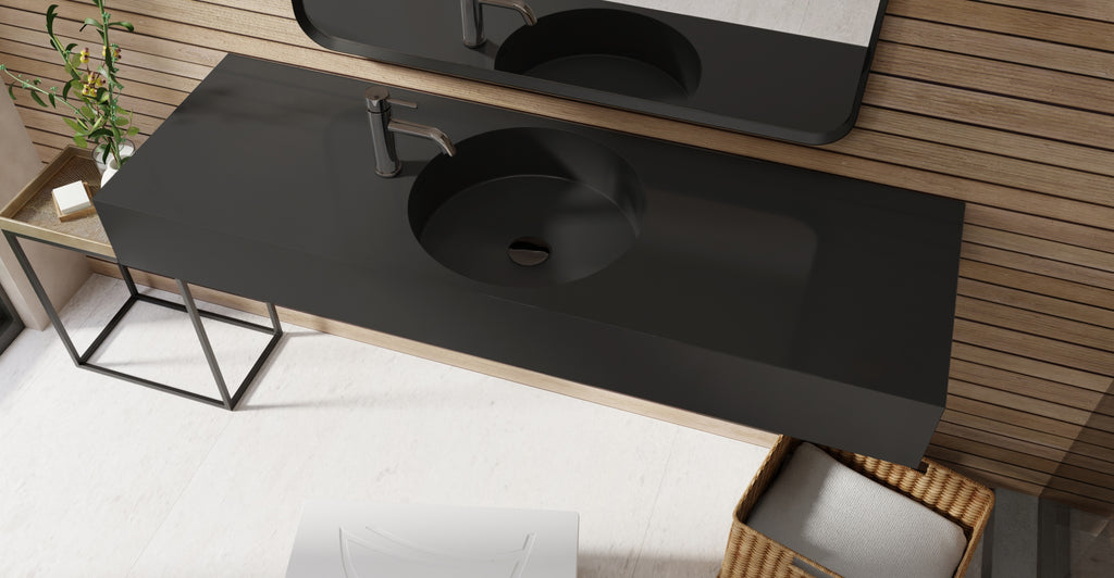Badeloft WT-02-C glossy black wall-mounted sink, bathroom lifestyle view 4