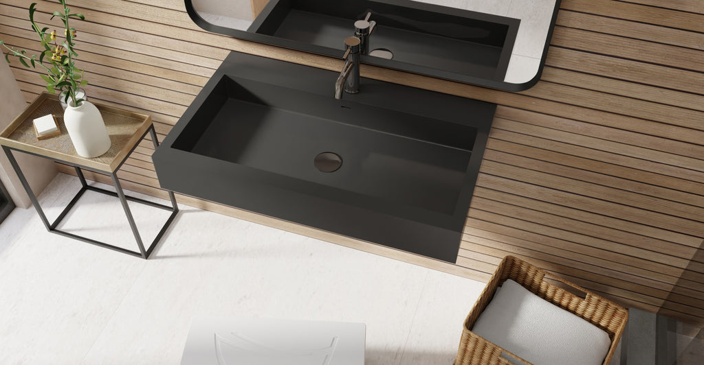 Badeloft WT-06-L glossy black wall-mounted sink, bathroom lifestyle view 4