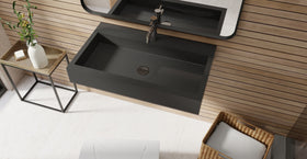 Badeloft WT-06-L glossy black wall-mounted sink, bathroom lifestyle view 4