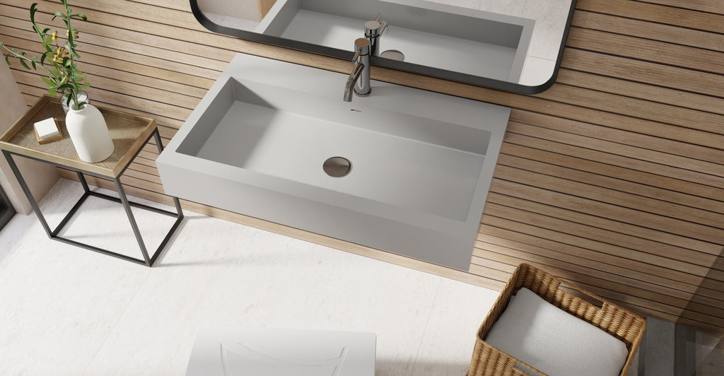 Badeloft WT-06-L glossy gray wall-mounted sink, bathroom lifestyle view 4
