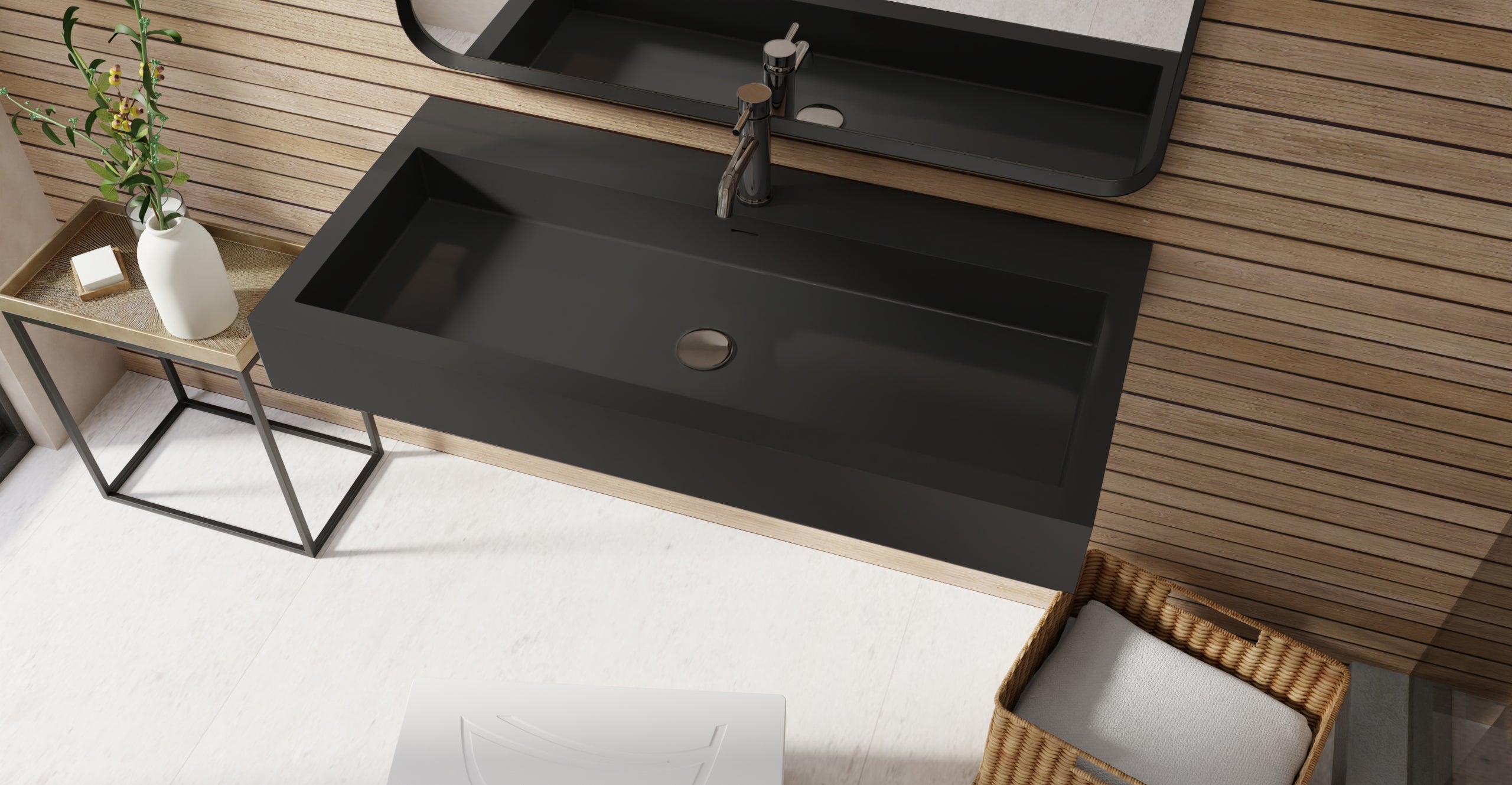 Badeloft WT-06-XL glossy black wall-mounted sink, bathroom lifestyle view 4
