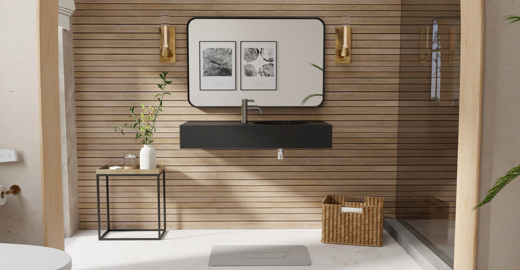 Badeloft WT-02-B glossy black wall-mounted sink, bathroom lifestyle view 5
