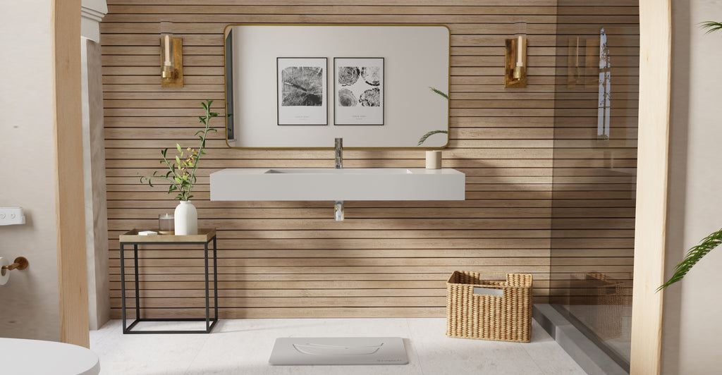 Badeloft WT-03 glossy gray wall-mounted sink, bathroom lifestyle view 5