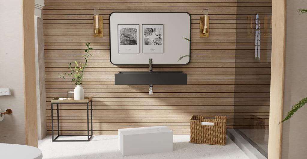 Badeloft WT-06-L glossy black wall-mounted sink, bathroom lifestyle view 5