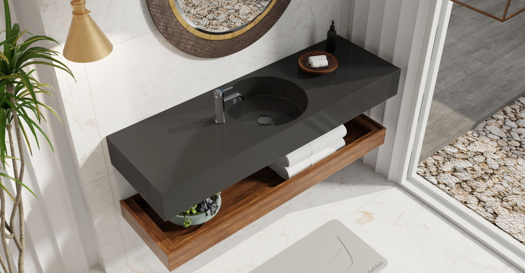Badeloft WT-02-C glossy black wall-mounted sink, bathroom lifestyle view 6