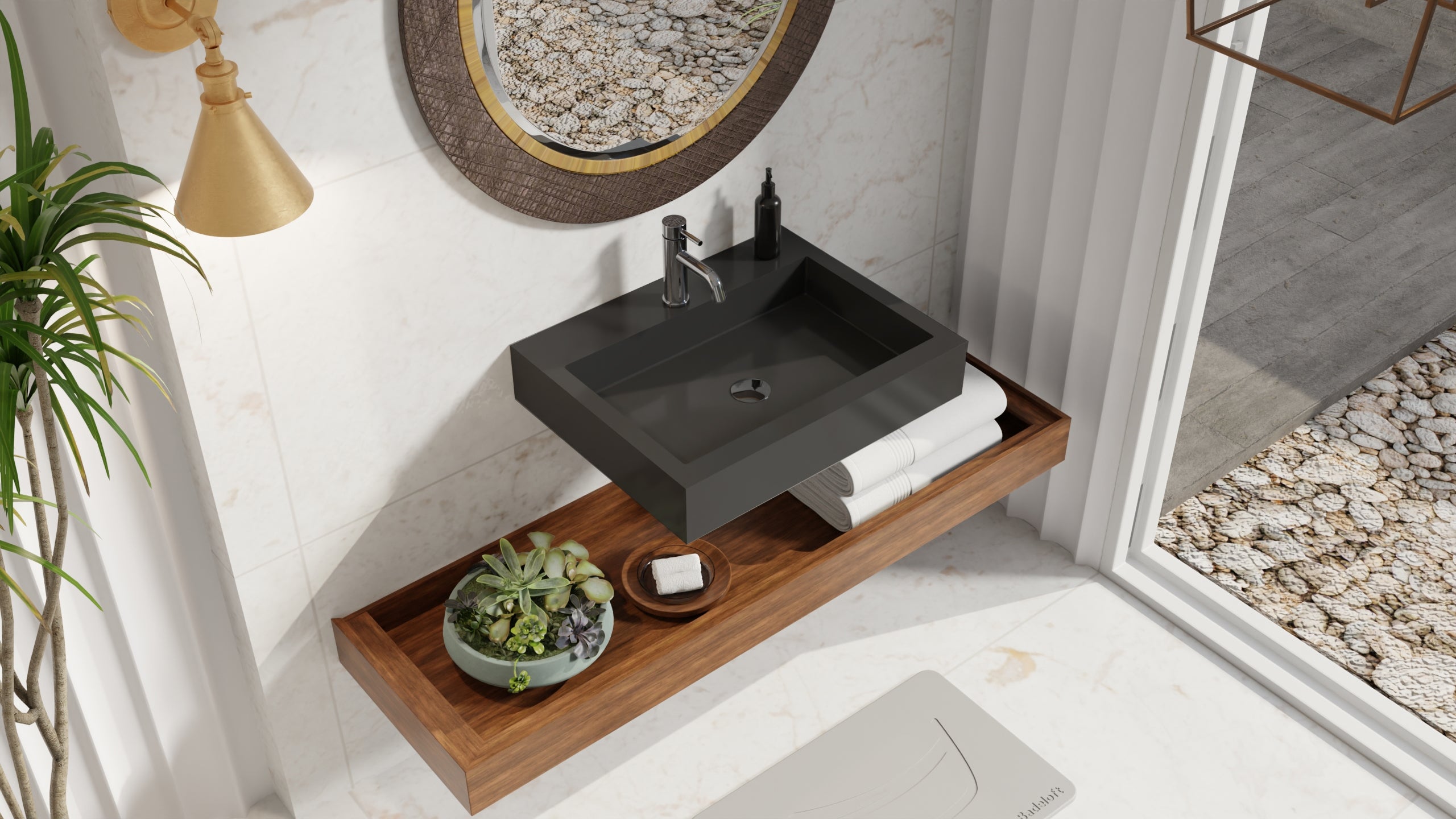 Badeloft WT-06-M glossy black wall-mounted sink, bathroom lifestyle view 6