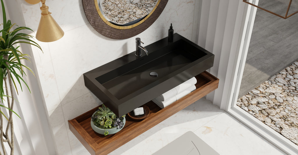 Badeloft WT-06-XL glossy black wall-mounted sink, bathroom lifestyle view 6
