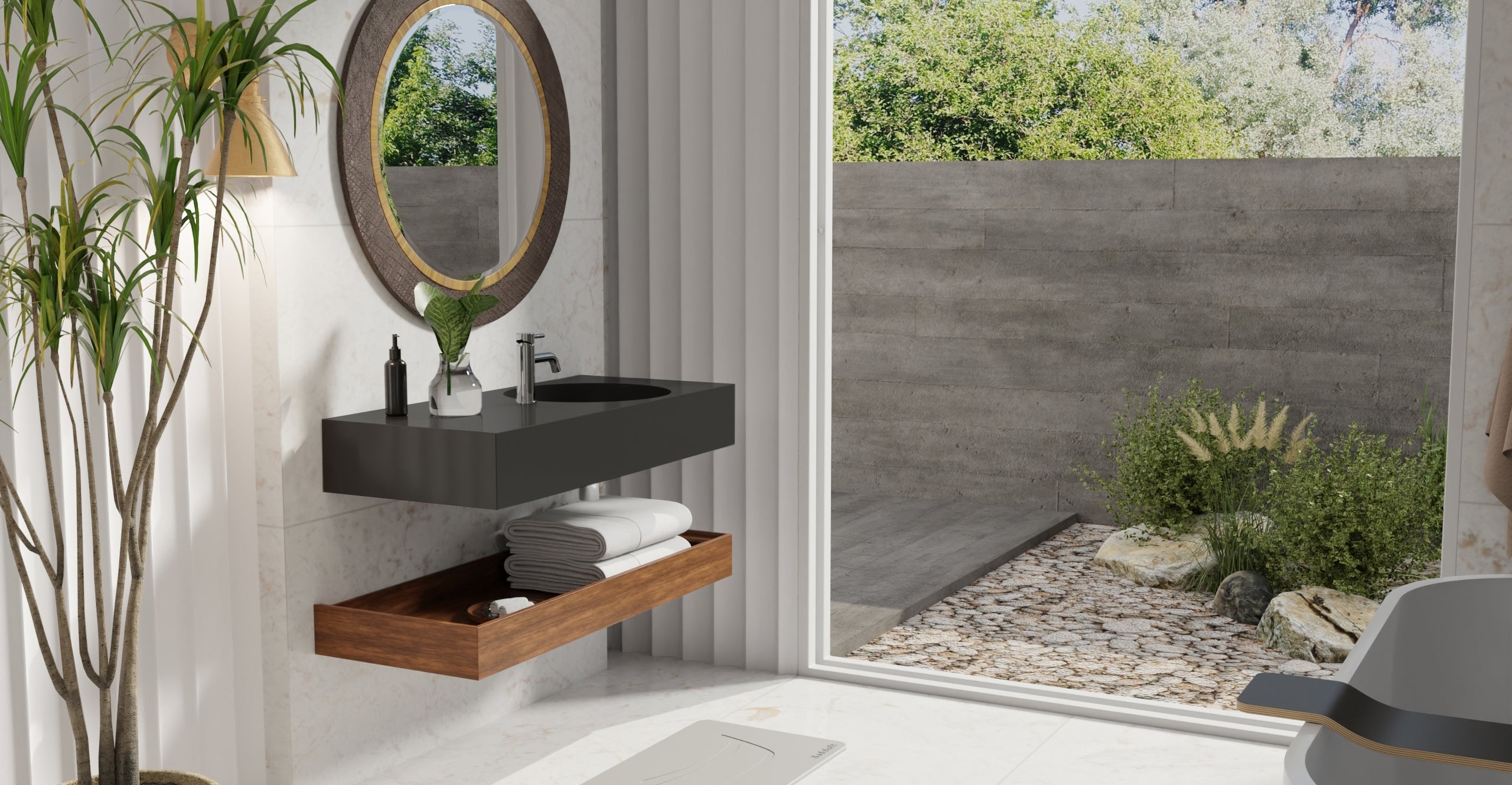 Badeloft WT-02-B glossy black wall-mounted sink, bathroom lifestyle view 7