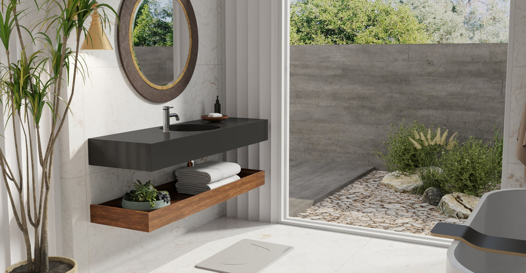 Badeloft WT-02-C glossy black wall-mounted sink, bathroom lifestyle view 7