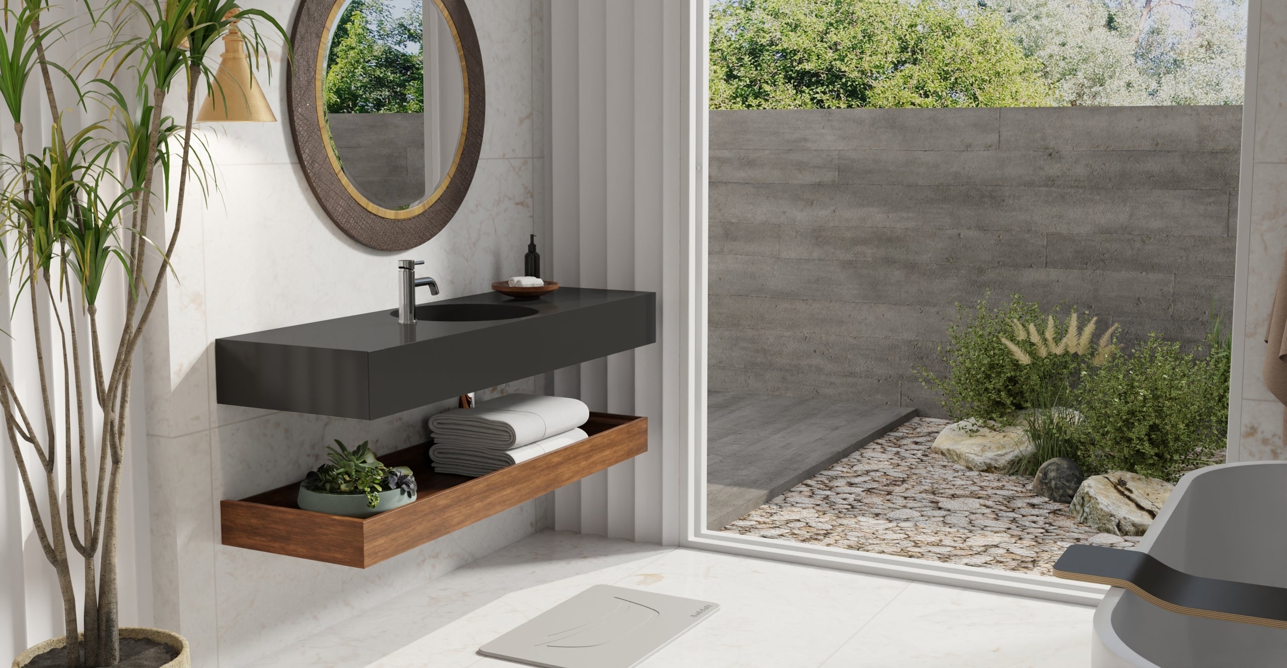 Badeloft WT-02-C glossy black wall-mounted sink, bathroom lifestyle view 7