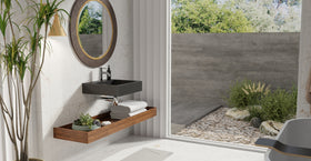 Badeloft WT-06-S glossy black wall-mounted sink, bathroom lifestyle view 7
