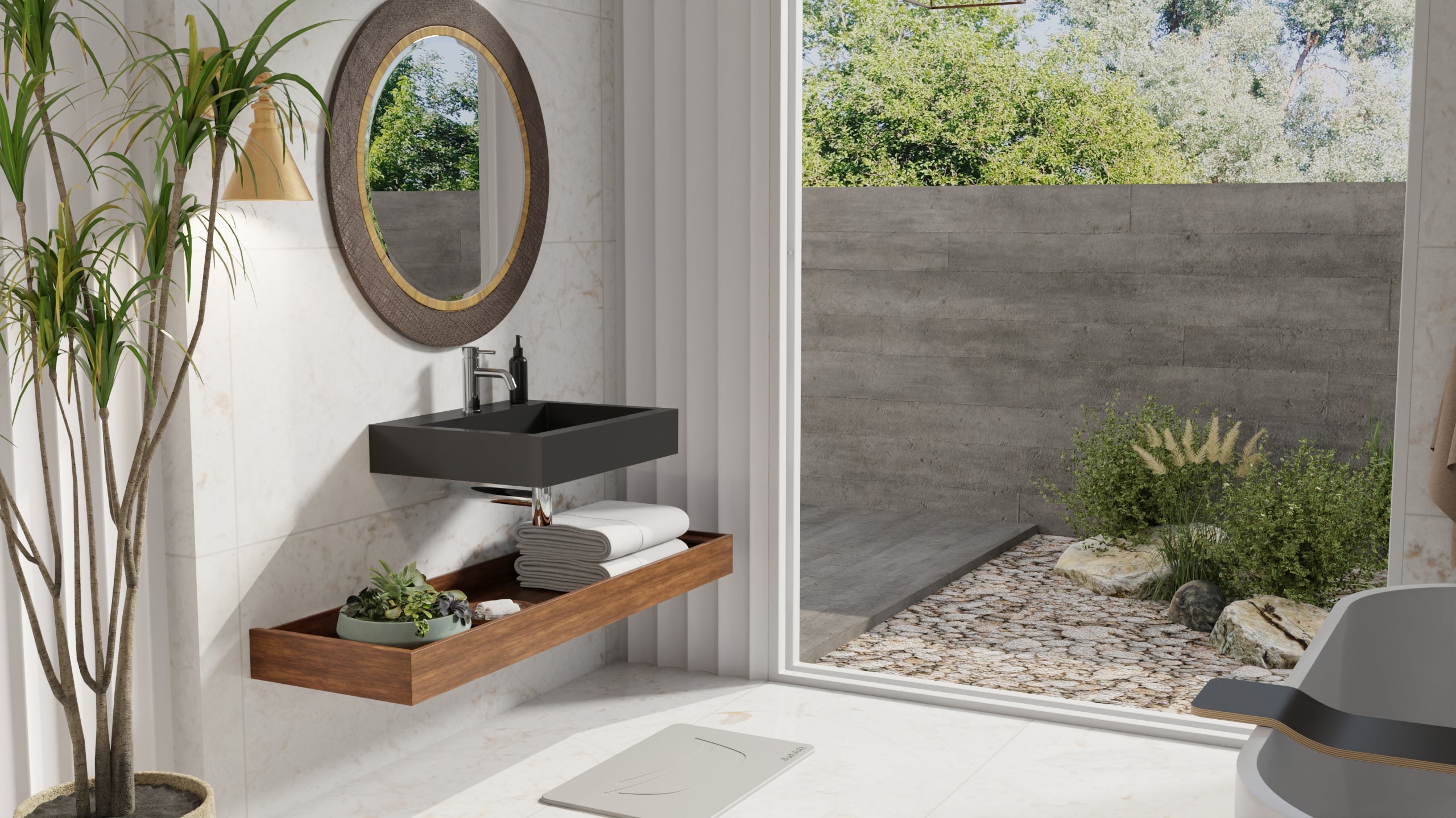 Badeloft WT-06-M glossy black wall-mounted sink, bathroom lifestyle view 7