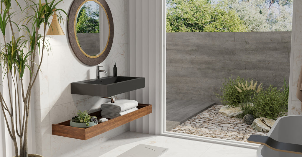 Badeloft WT-06-L glossy black wall-mounted sink, bathroom lifestyle view 7