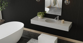 Badeloft WT-02-C glossy gray wall-mounted sink, bathroom top-view lifestyle