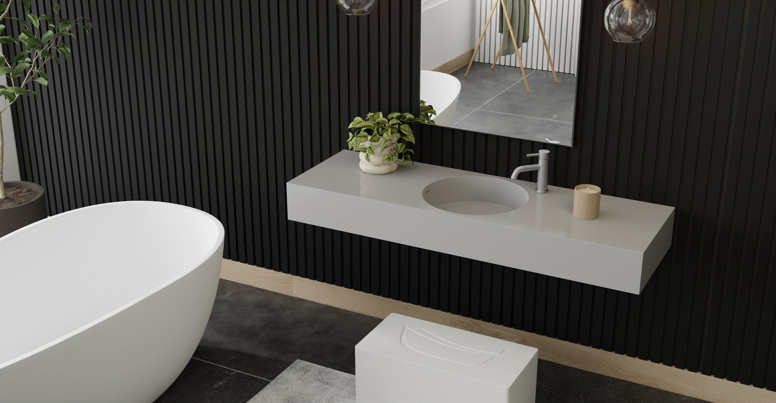 Badeloft WT-02-C glossy gray wall-mounted sink, bathroom top-view lifestyle
