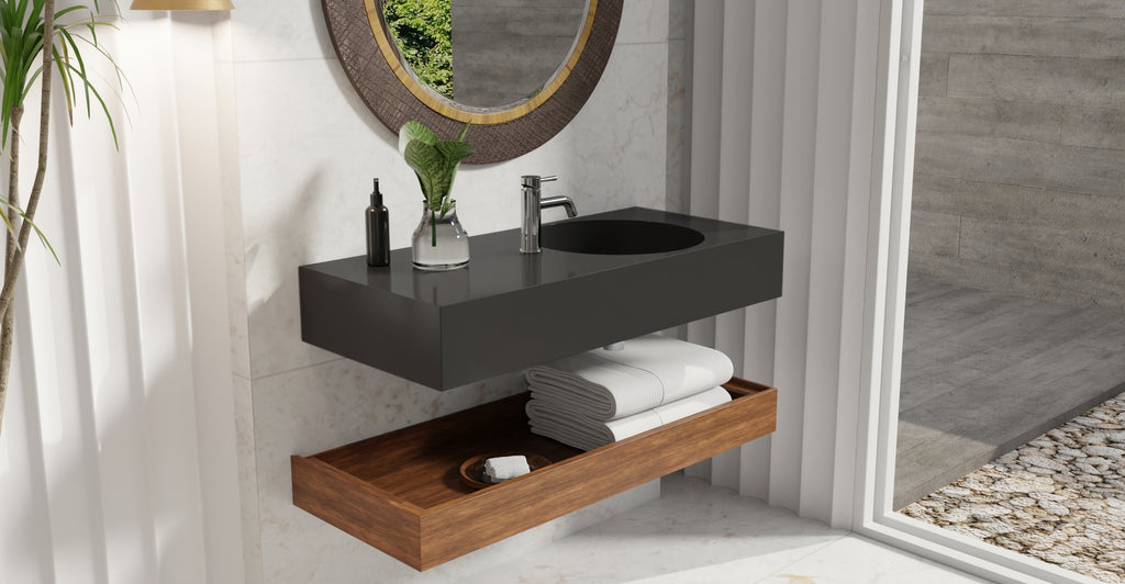 Badeloft WT-02-B glossy black wall-mounted sink, bathroom lifestyle view 8