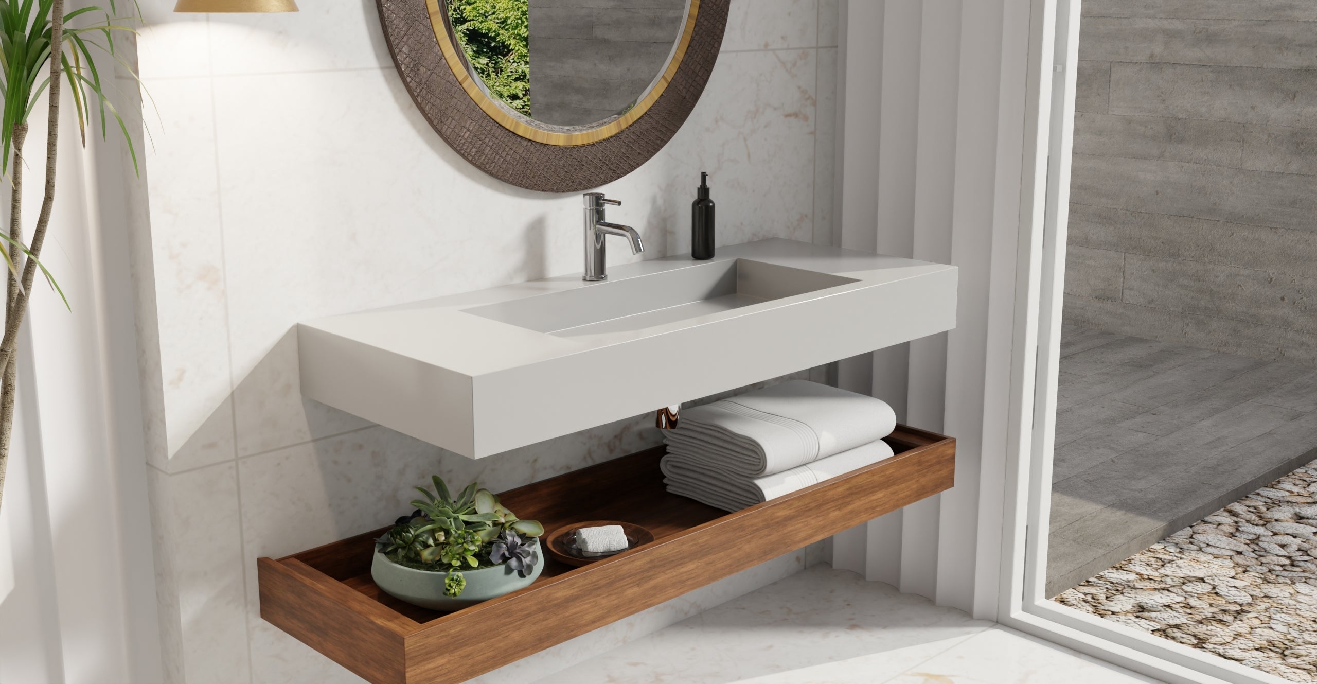 Badeloft WT-03 glossy gray wall-mounted sink, bathroom lifestyle view 8