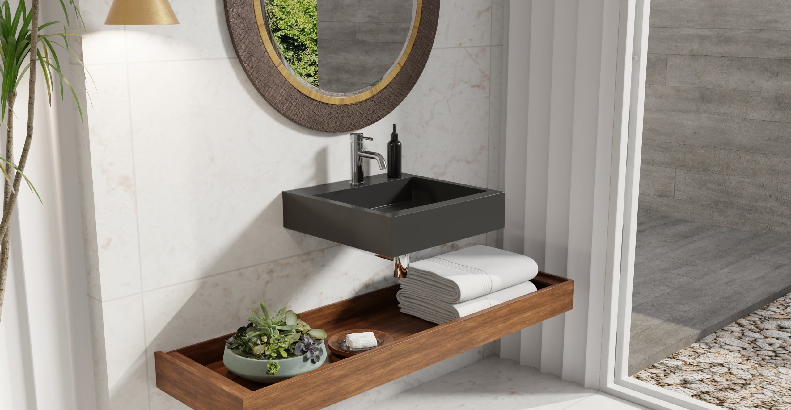 Badeloft WT-06-S glossy black wall-mounted sink, bathroom lifestyle view 8