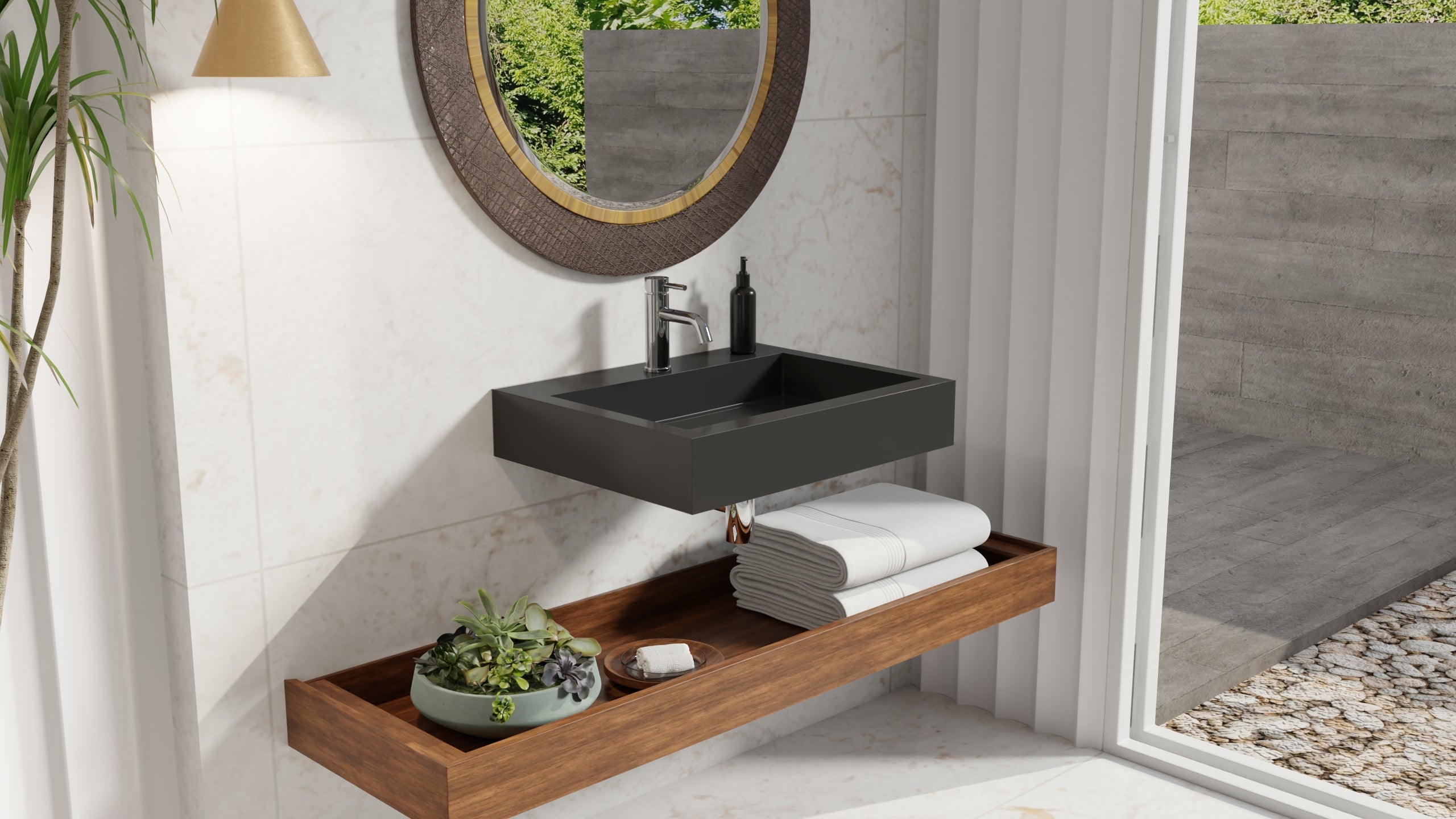 Badeloft WT-06-M glossy black wall-mounted sink, bathroom lifestyle view 8